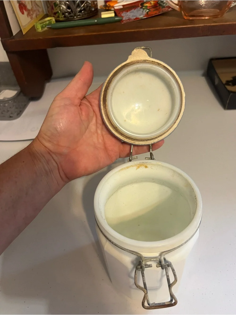 Vintage Milk Glass Airtight Canister with Metal Clamp Lid